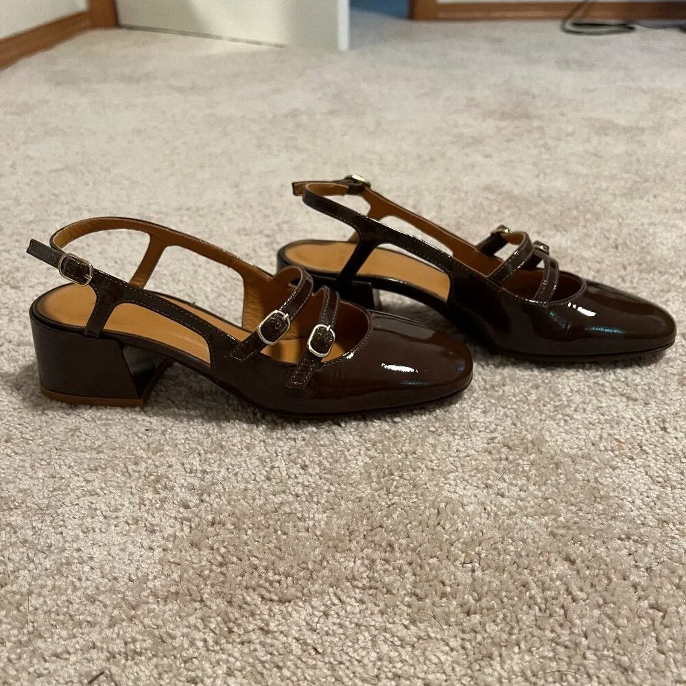Sezane Olive Green Patent Leather Slingback Heels - Picture 4 of 11